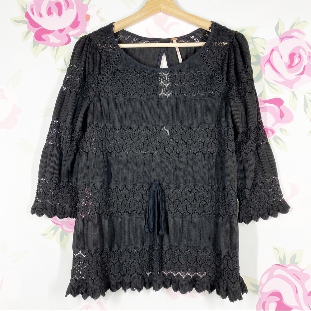 Free People Bohemian Boho Black Crochet Knit Blouse S